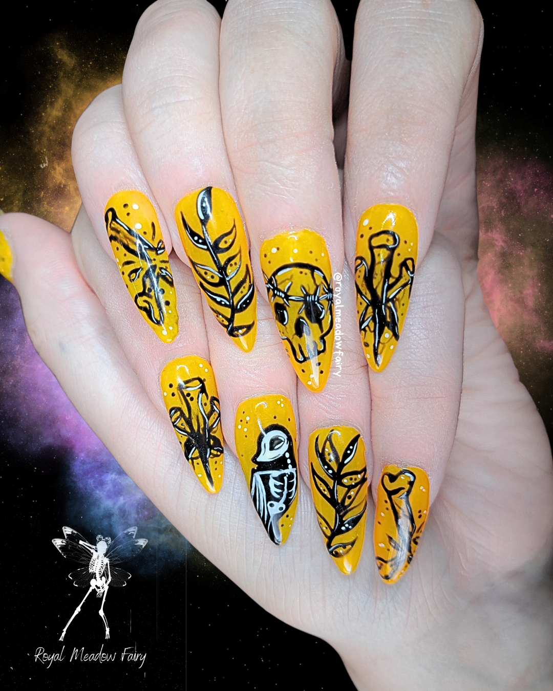 yellow press on nails with blackwork tattoo style nail art design