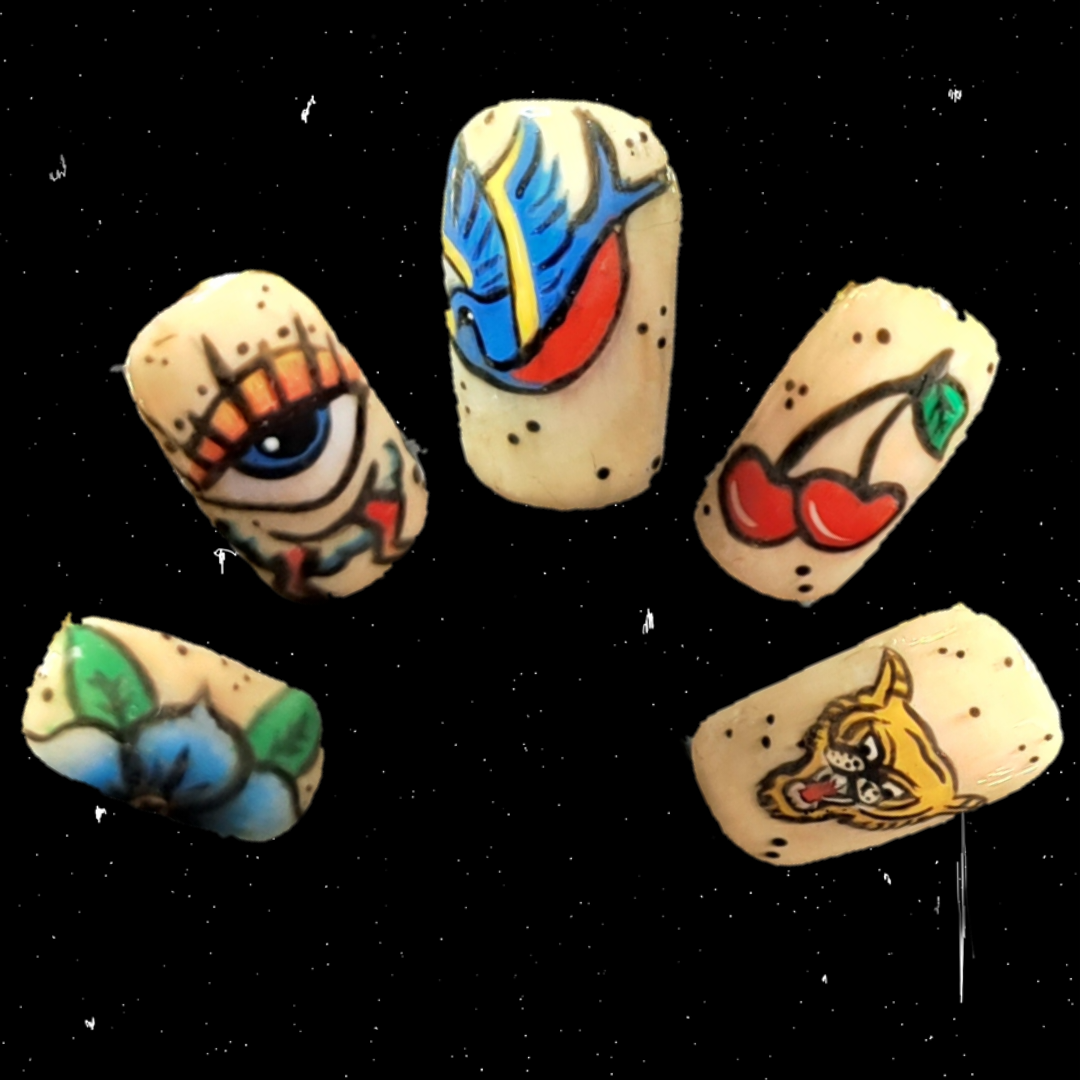 colourful neo traditional tattoo style stick on nails flower, eye, swallow, cherry's, tiger 