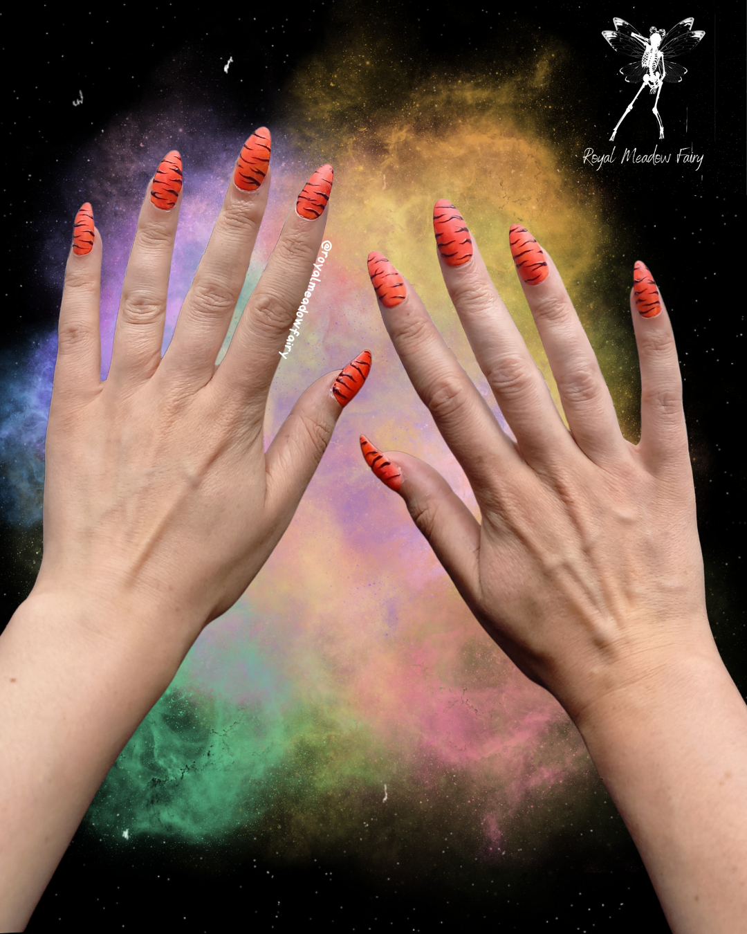 bright blood orange matte glue on fake nail extensions with glossy black tiger stripes nail art design