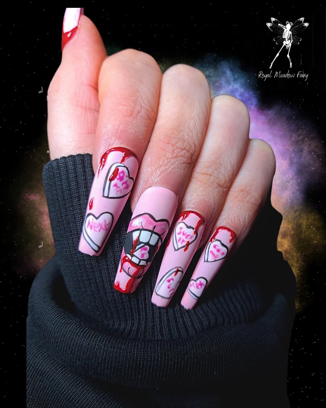 anti valentine vampire and love hearts press on nails pink 