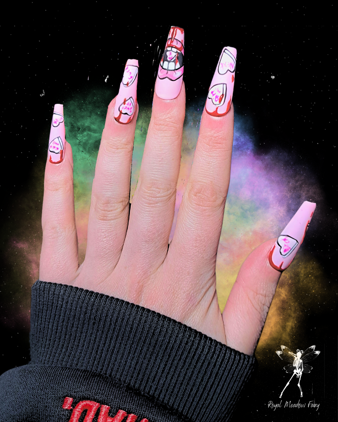 pink anti valentines press on nails with vampire and rude love hears nail art design 