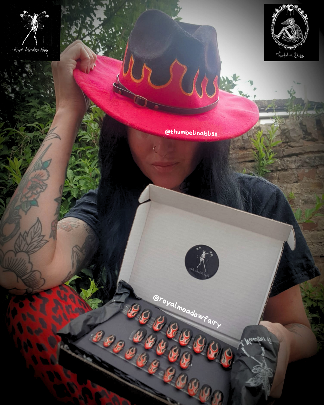 matching alt rocker chick accessories hand made press on nails and wide brimmed hat black with red flames 