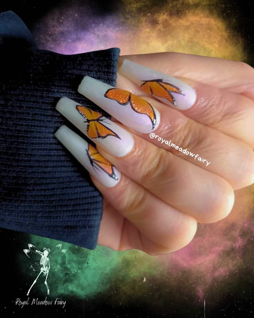 matte shimmer white press on nails with glitter orange butterfly nail art design 