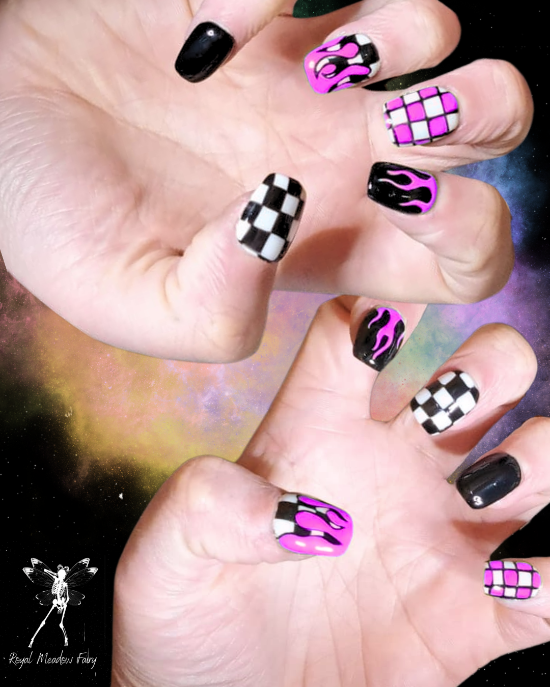 pink black and white check flame emo alt UK press on nails 