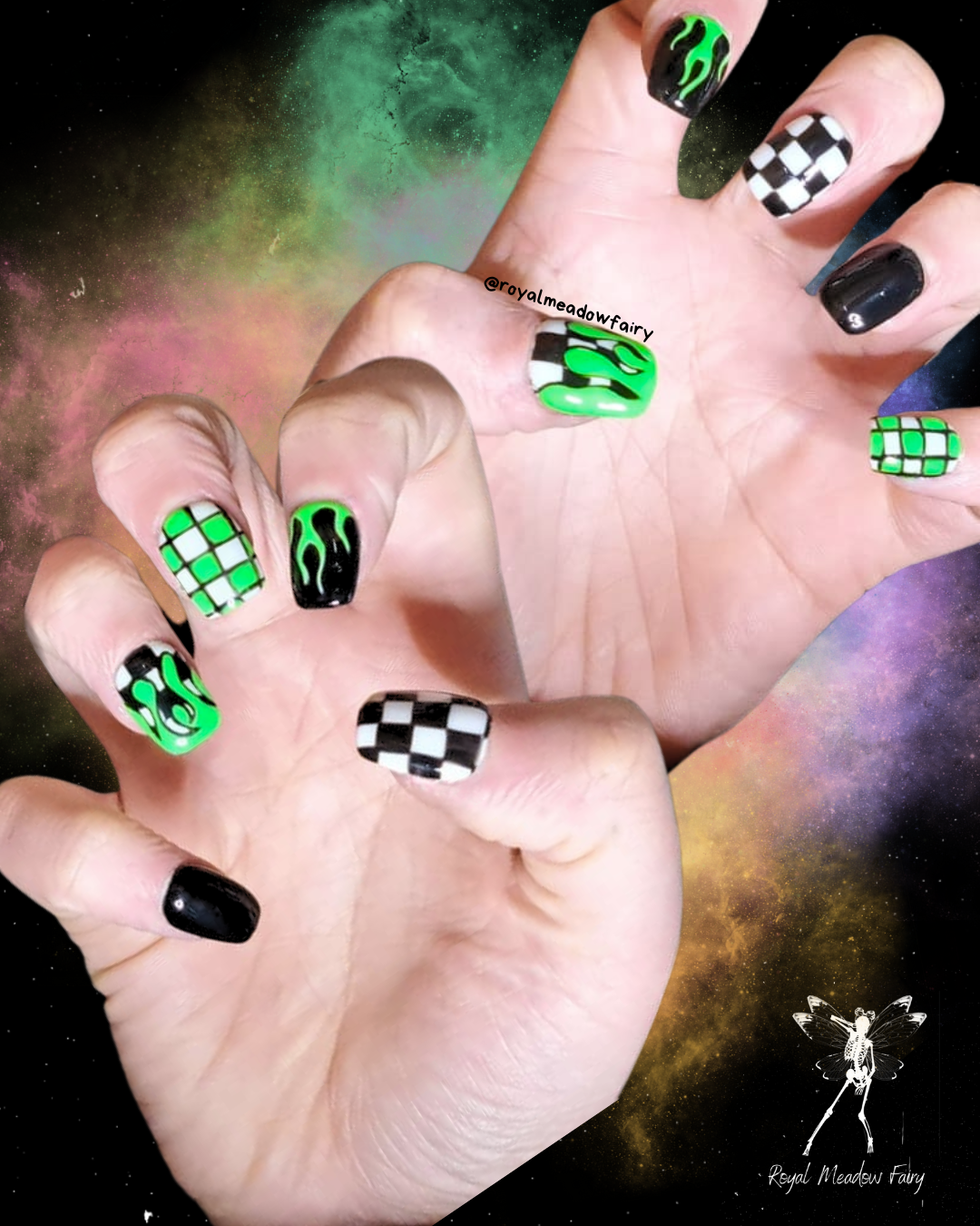 black lime green and white flame and check nail art short sure press on nails 