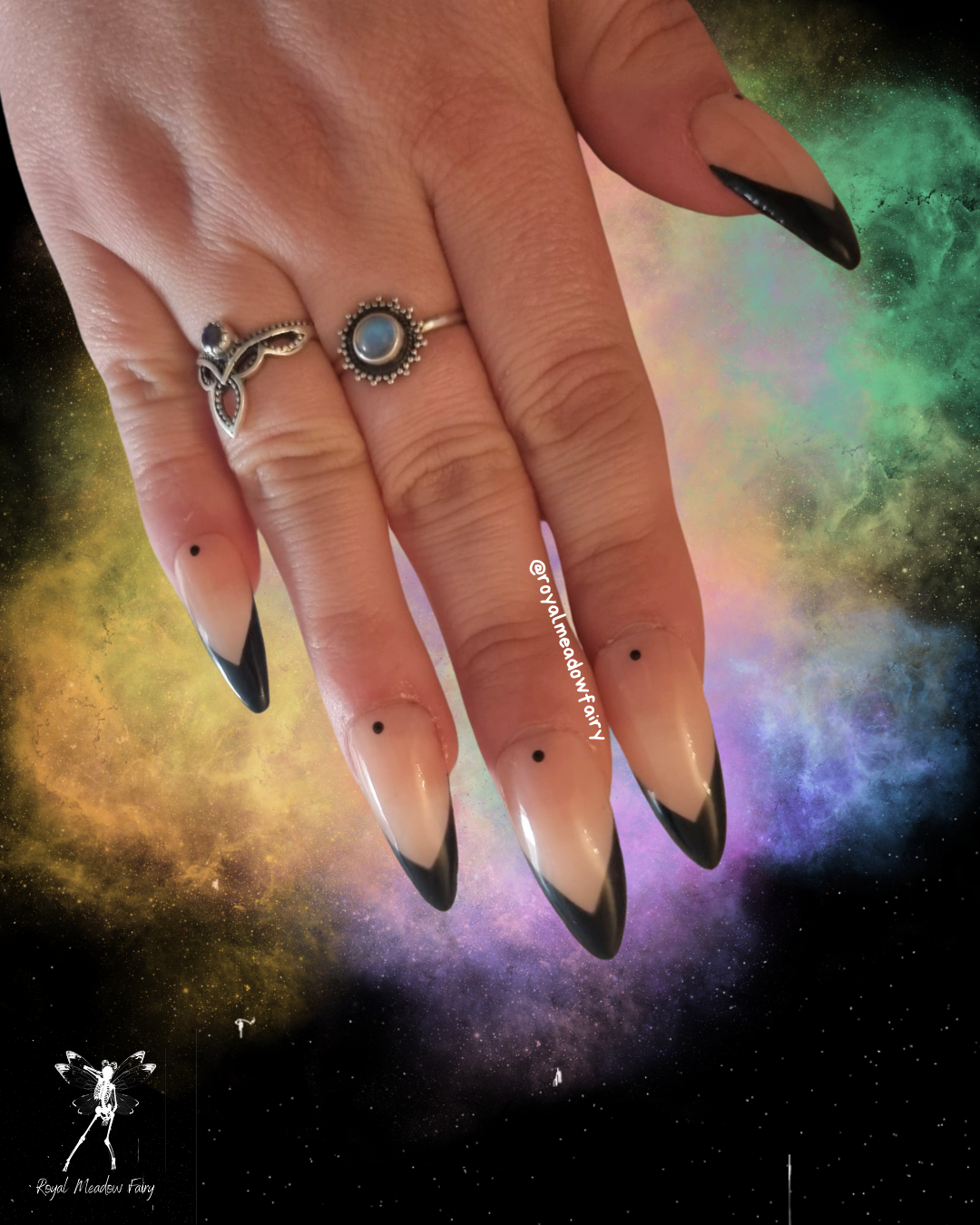 french witch black and nude press on nail extensions with finger tattoo style dots