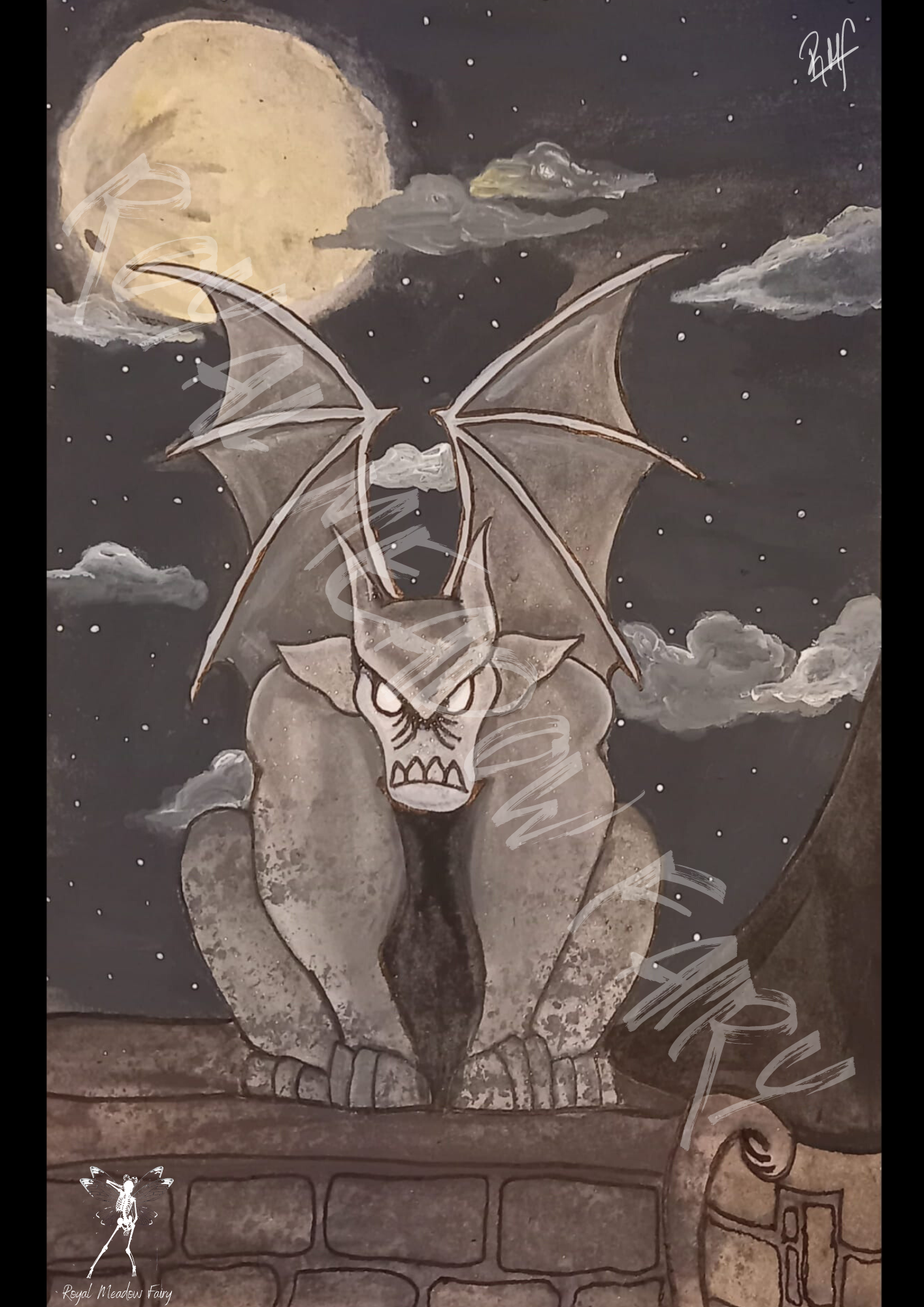painting of a Stone gargoyle on a dark spooky night 