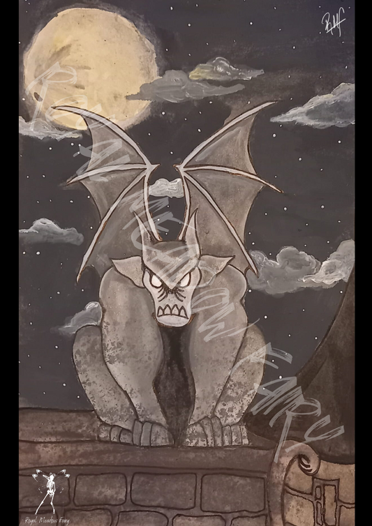 painting of a Stone gargoyle on a dark spooky night 