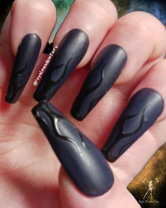 Long coffin black gloss on matte ghost flame nail extensions