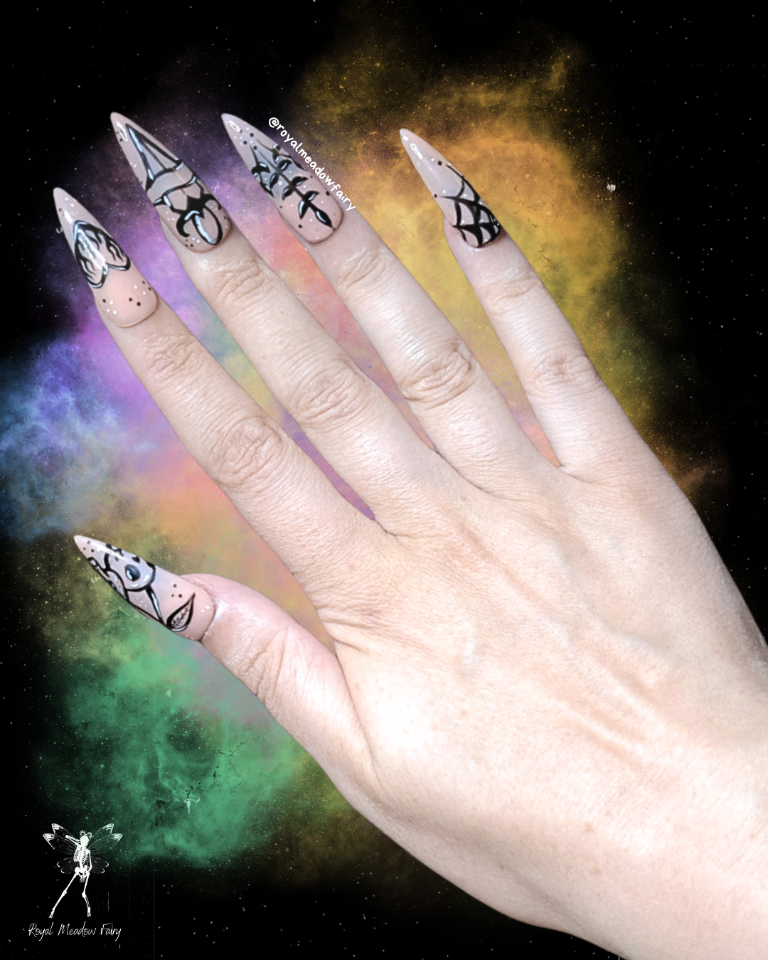 nude press on nails with blackwork style tattoo flash designs nail art 