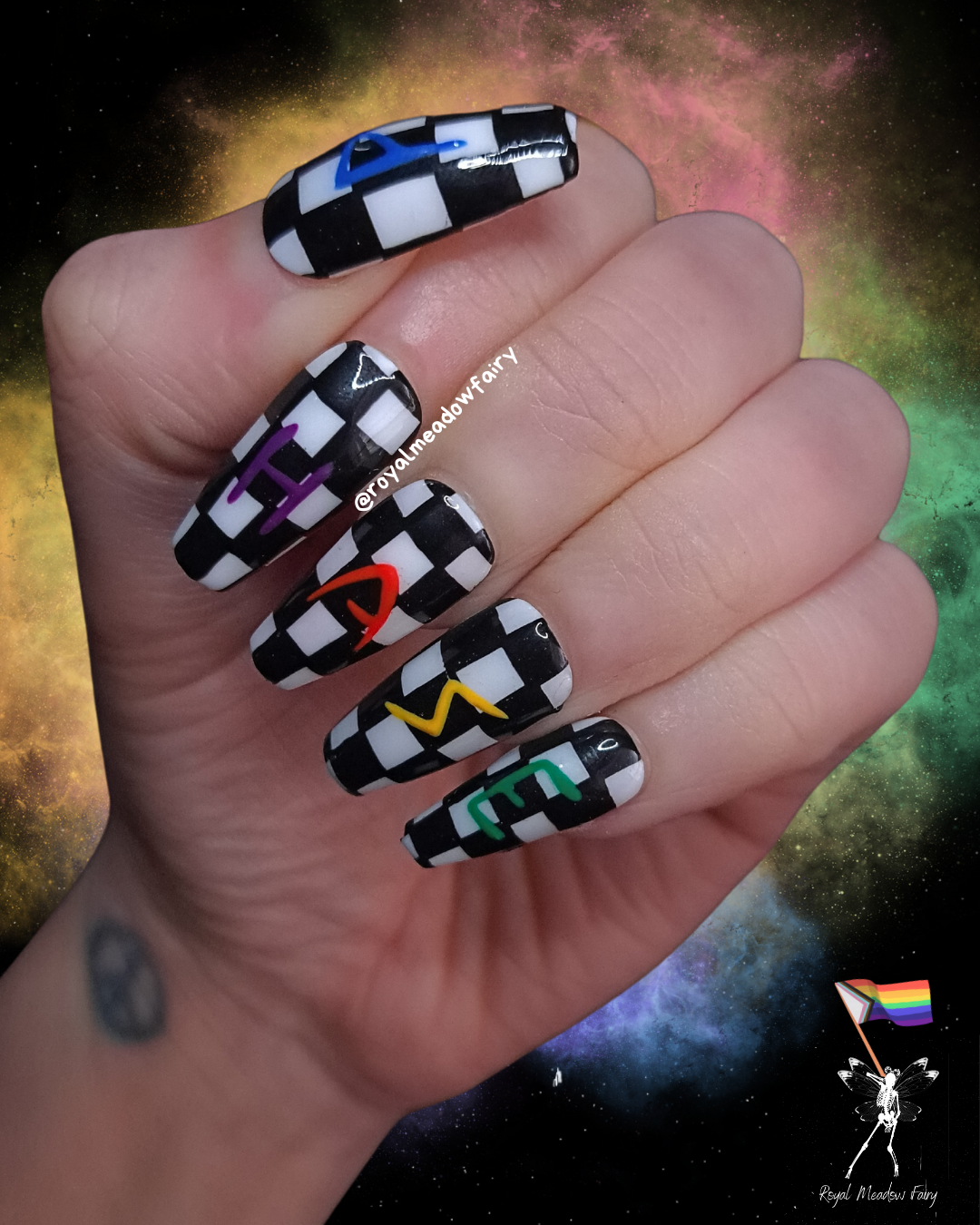 best quality uk press on nails emo queer rainbow checked nail art design 