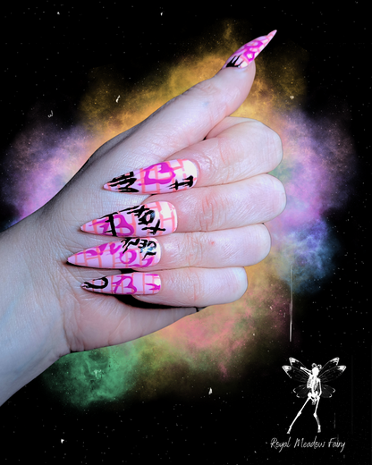 anti valentines press on nails with pink graffiti nail art design 