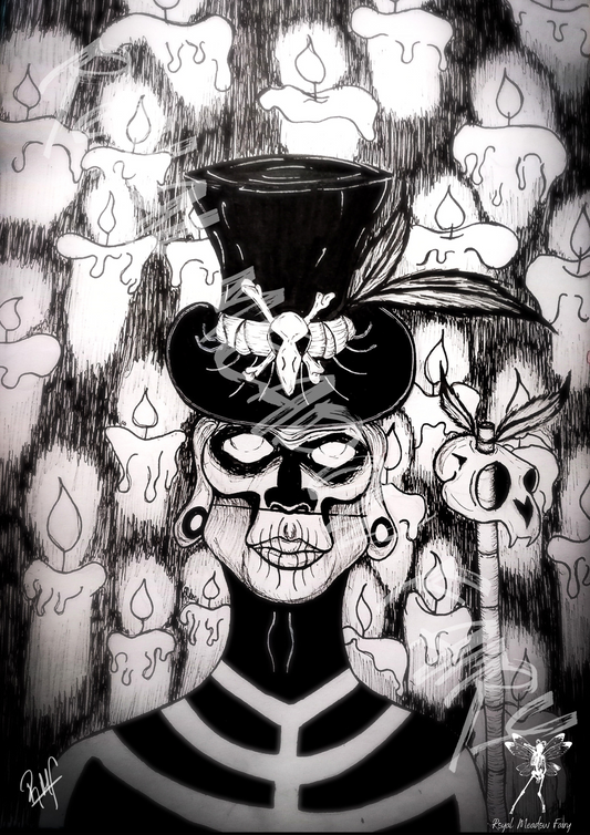 pen drawing of a voodoo witch doctor surrounded by a wall of candles and holding a skull topped staff 