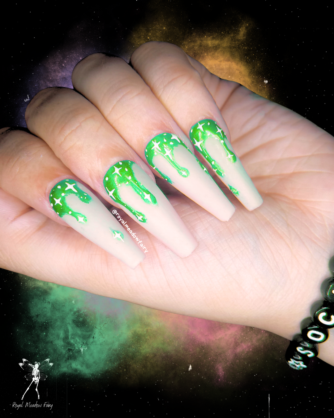 milky white press on nails with lime green drips and stars 