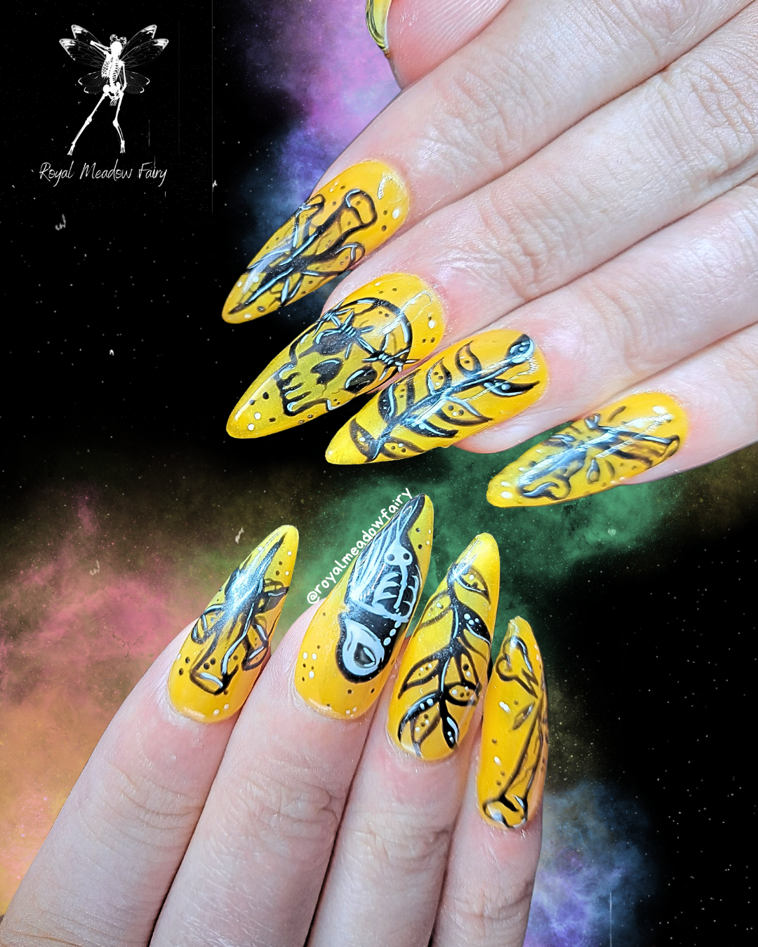 yellow grunge alt gothic press on nails with skeleton blackwork tattoo nail art design 