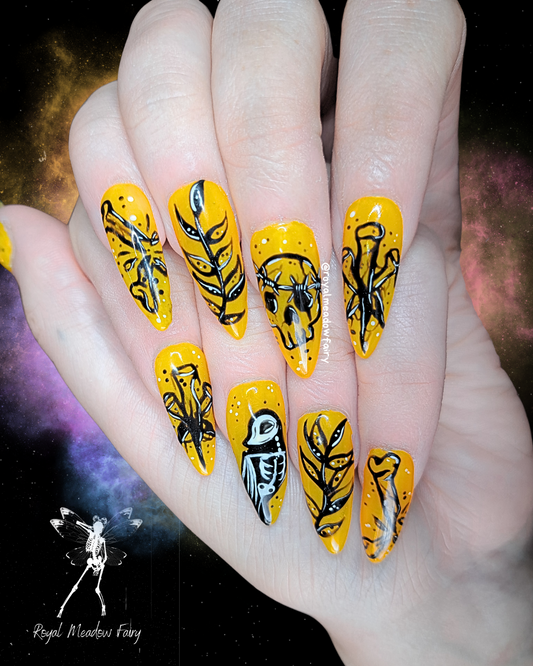 Yellow alt tattoo inspired press on nails gothic skeleton UK 