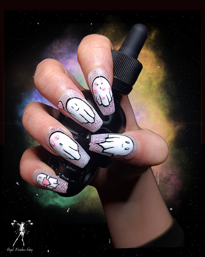 ghostly valentines nail art design pink glitter press on nails with white ghosts and love hearts