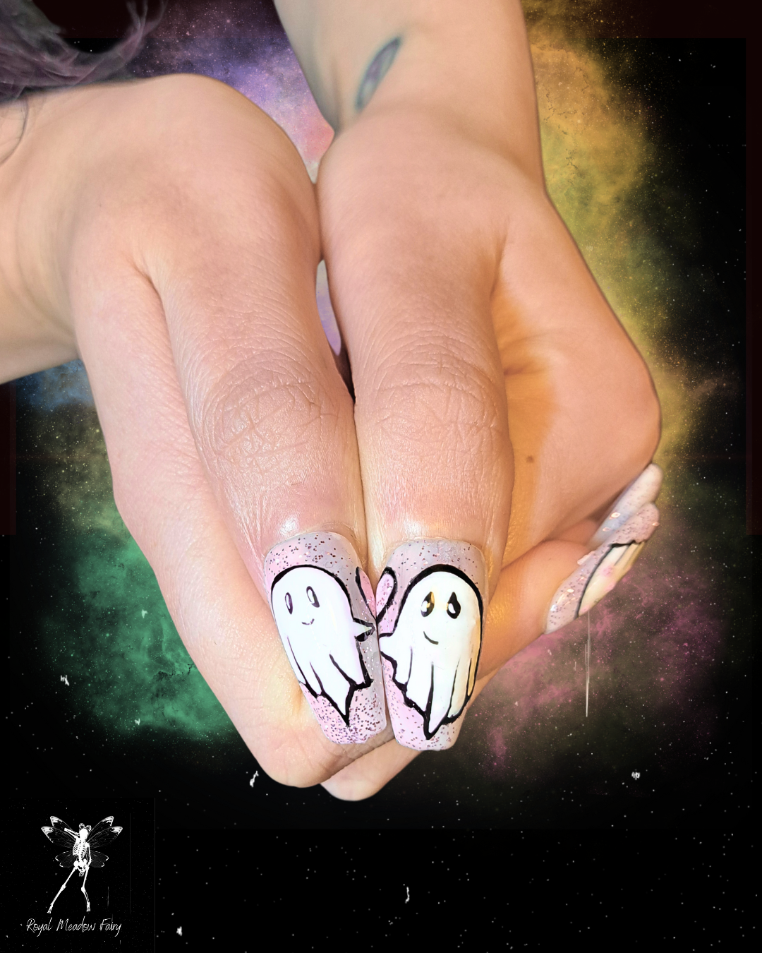 cute ghost press on nails with pink glitter valentines 