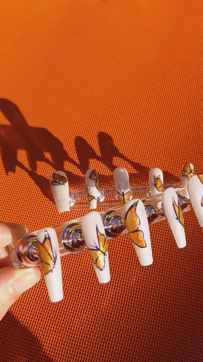 Orange Glitter Butterfly Press On Nails