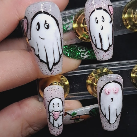 pink glitter valentines press on nails with cute valloween ghosts 