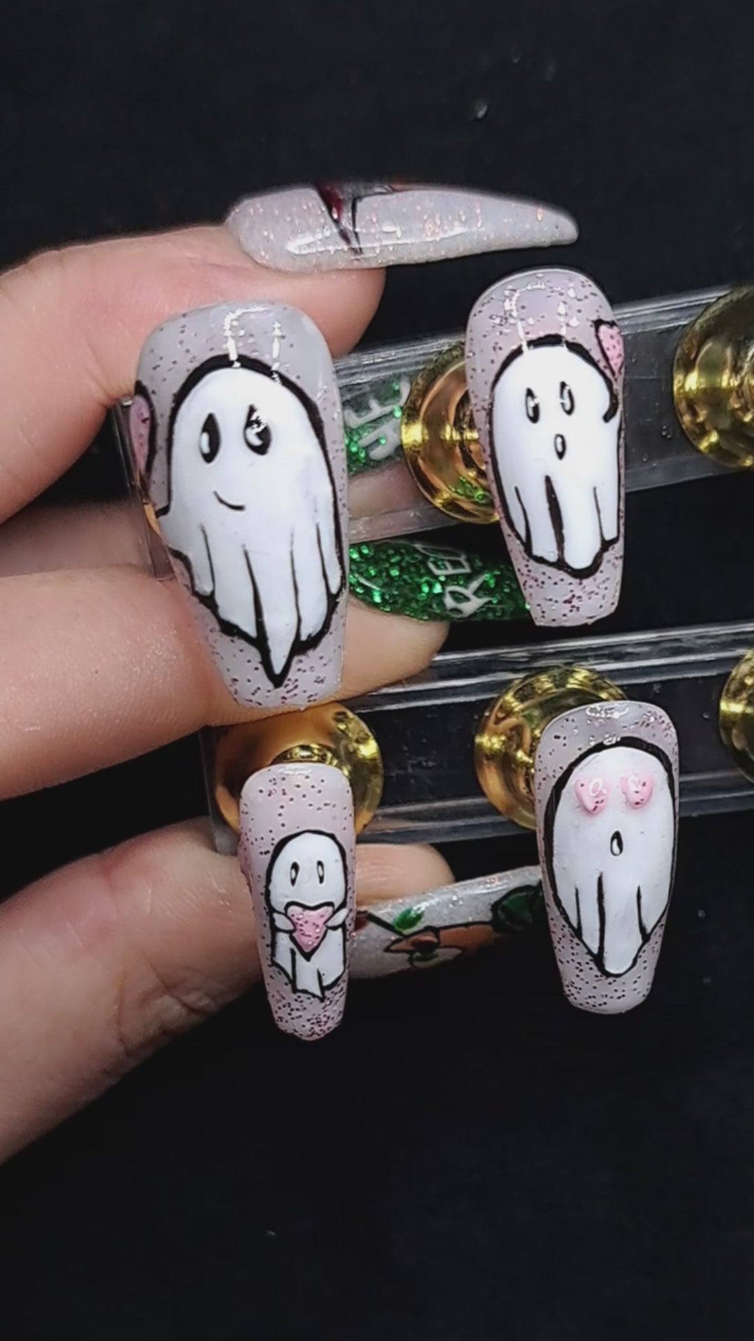 pink glitter valentines press on nails with cute valloween ghosts 