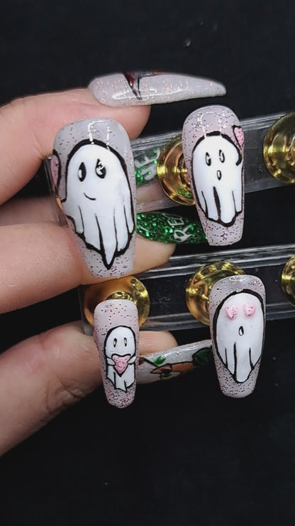 pink glitter valentines press on nails with cute valloween ghosts 