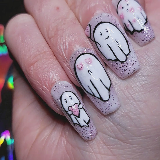 pink glitter valentines press on nails with cute valloween ghosts 