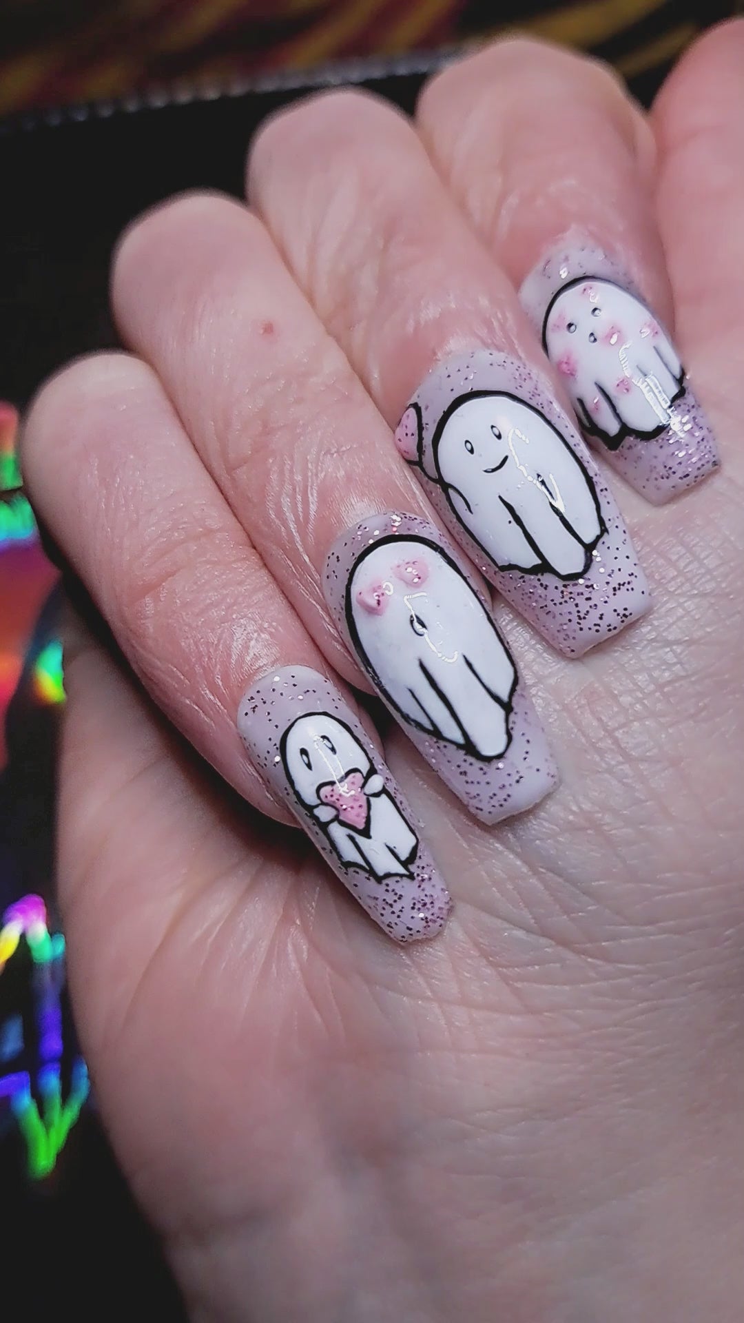 pink glitter valentines press on nails with cute valloween ghosts 