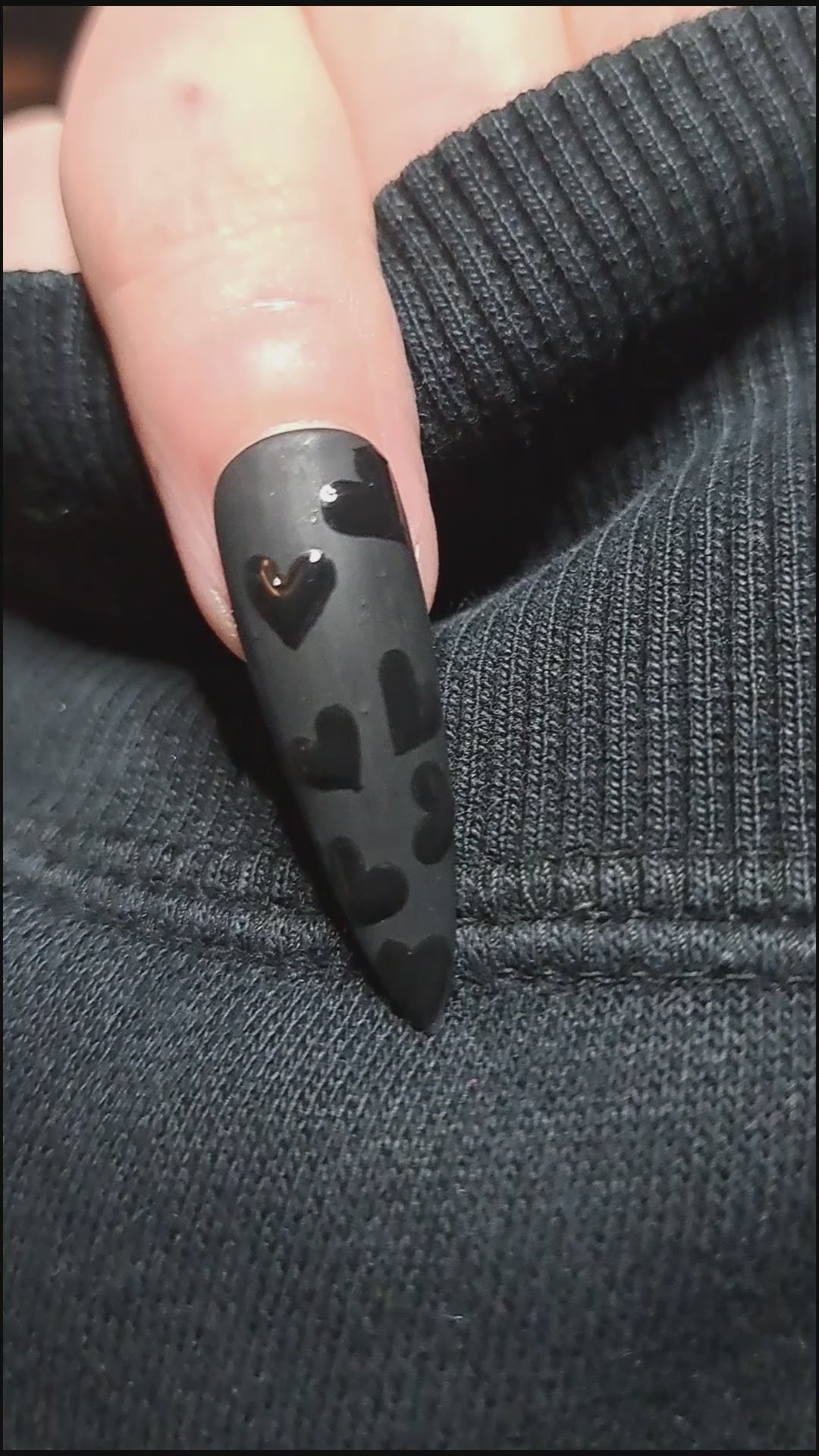 matte black nail with gloss black valentines heart nail art design 