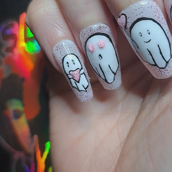 pink glitter press on nails with cute valentines ghost nail art 