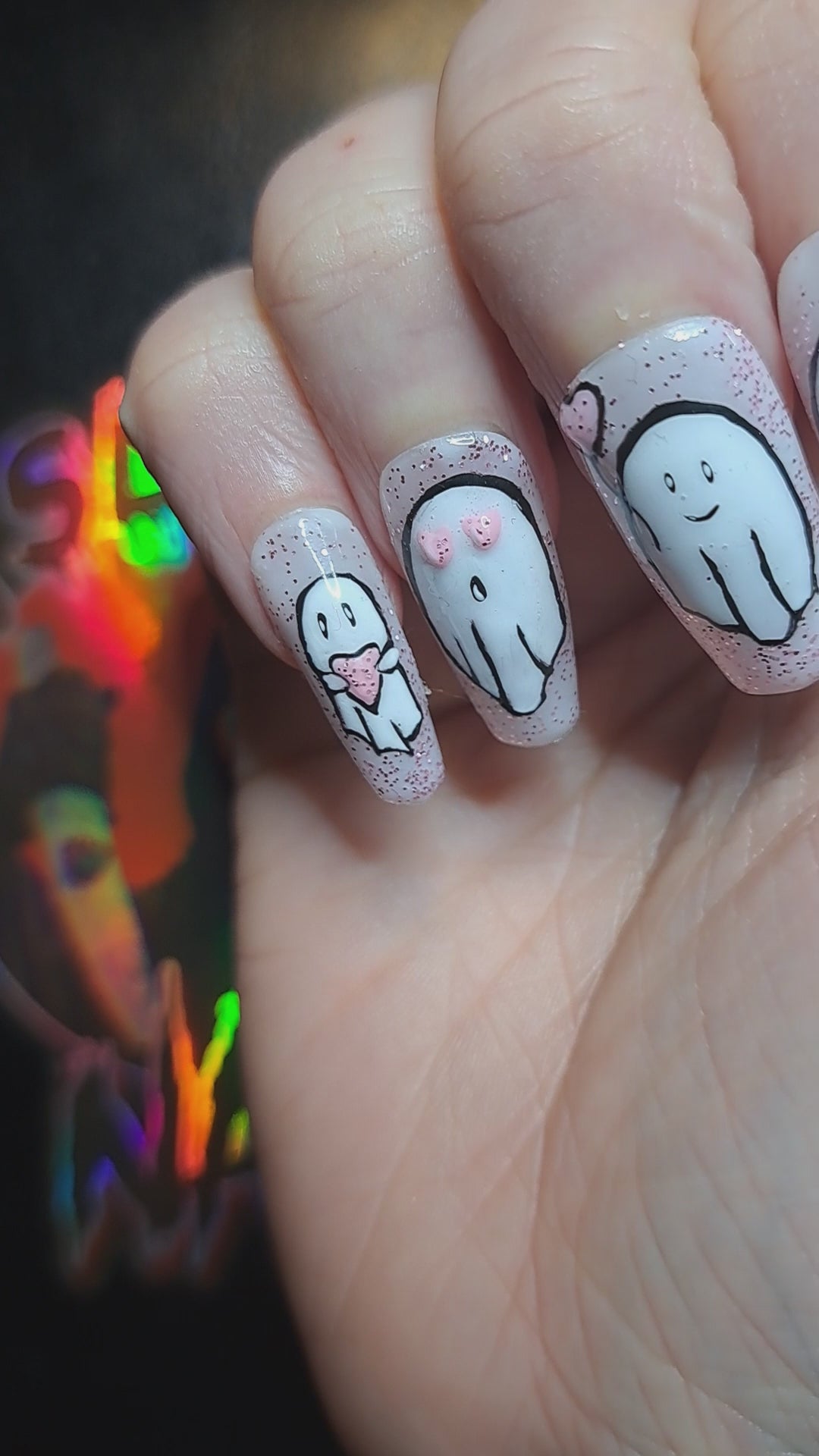 pink glitter press on nails with cute valentines ghost nail art 