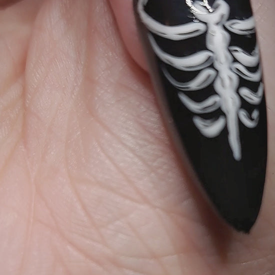 black press on nails with emo skeleton ribcage love heart valentines nail art design 