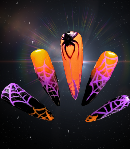 orange purple and black spider press on nails halloween gothic nail art design 