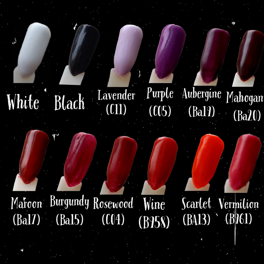 press on fake nail enhancements colour selections chart white, black, red and purple 
