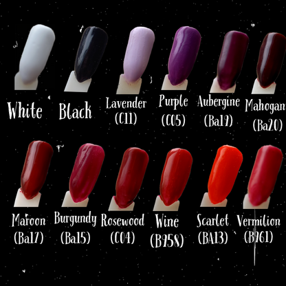 press on fake nail enhancements colour selections chart white, black, red and purple 