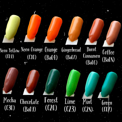 colour chart for press on fake nails yellow, orange, brown, green 