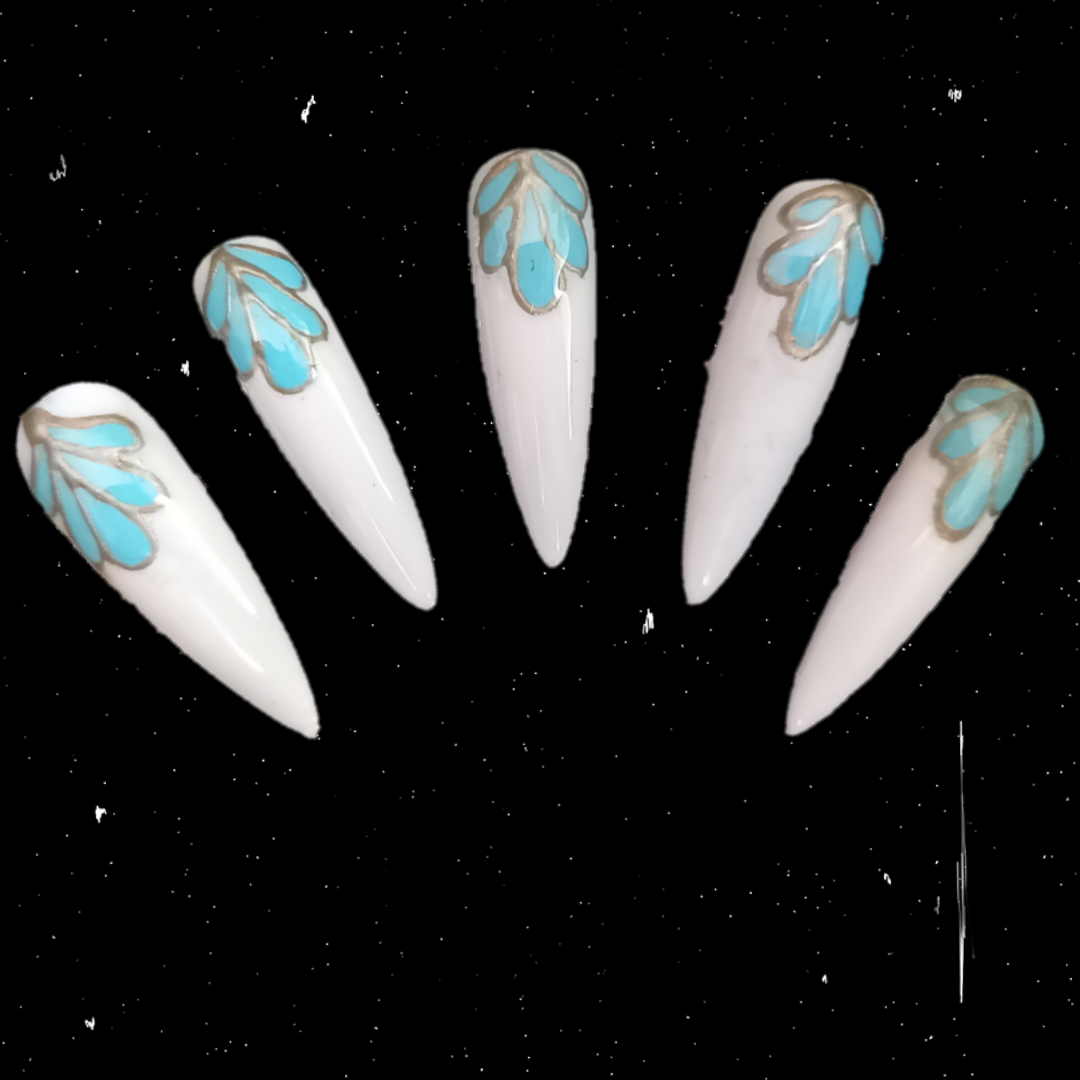 white press on nail extensions with gold and turquoise gem stone accent nail art design  